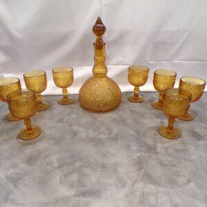 Vintage Tiara Amber Sandwich Indiana Glass Decanter Set W/8 Goblet Glasses
